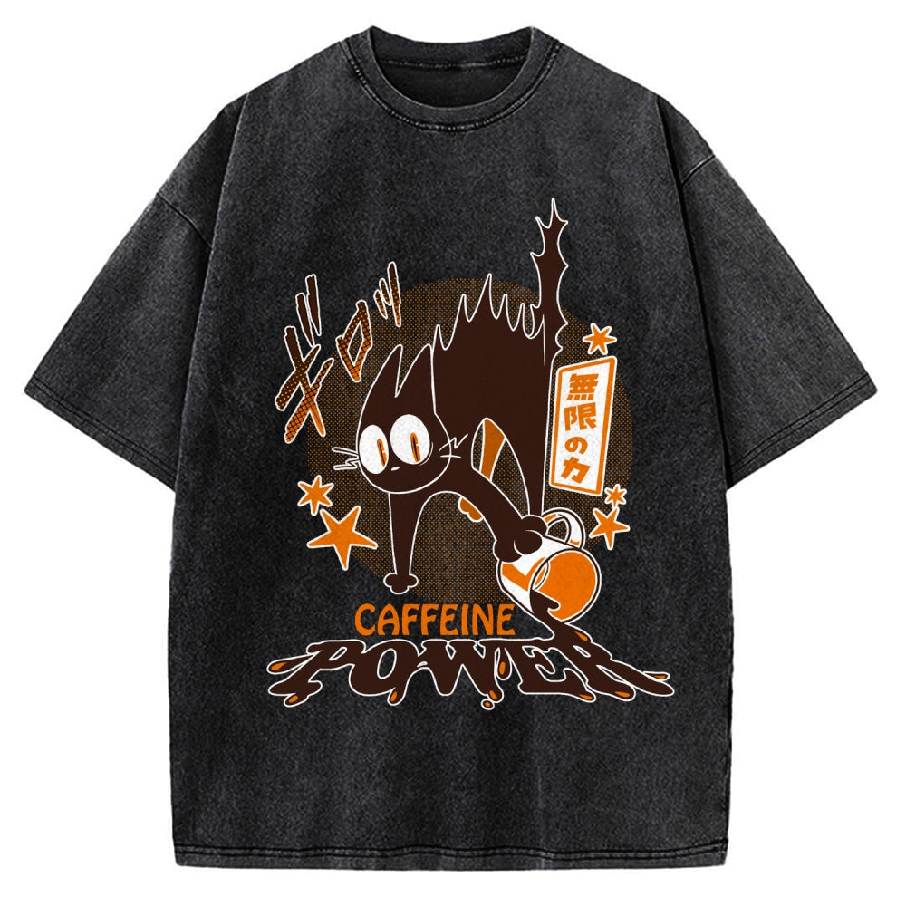 Caffeine Power Cat Anime Japanese Vintage Washed T-shirt