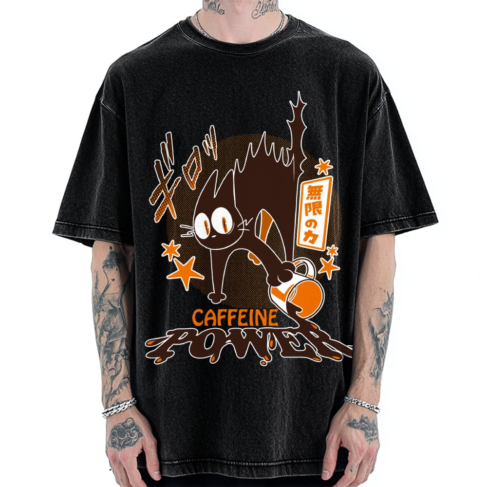 Caffeine Power Cat Anime Japanese Vintage Washed T-shirt