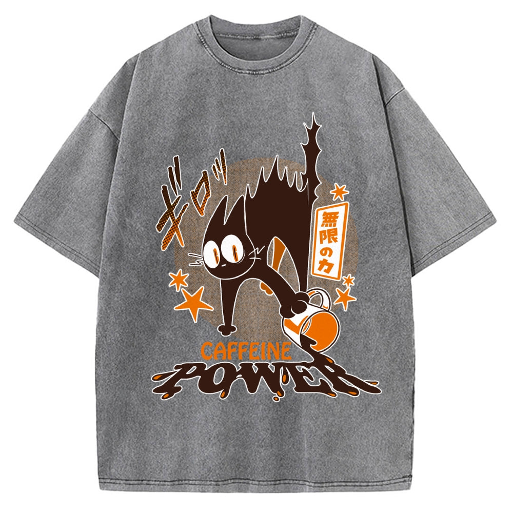 Caffeine Power Cat Anime Japanese Vintage Washed T-shirt