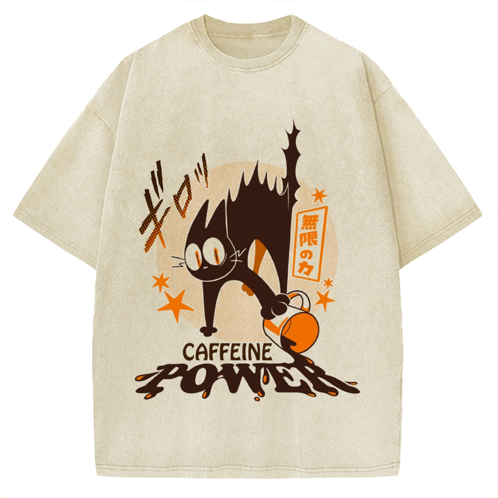 Caffeine Power Cat Anime Japanese Vintage Washed T-shirt