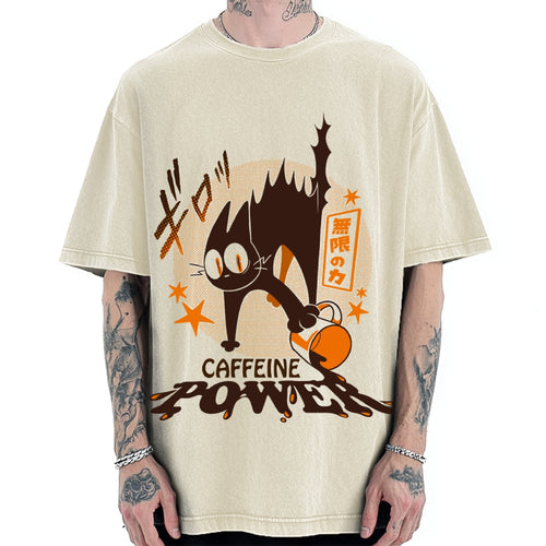 Caffeine Power Cat Anime Japanese Vintage Washed T-shirt