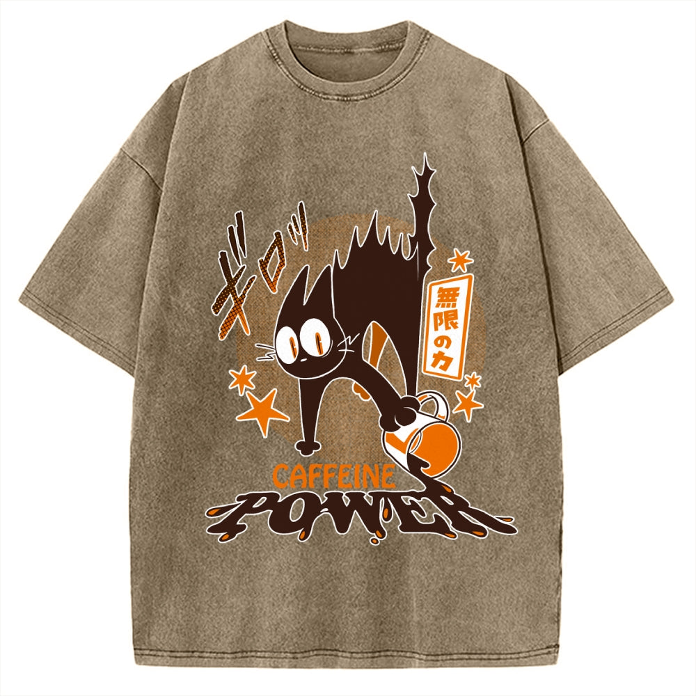 Caffeine Power Cat Anime Japanese Vintage Washed T-shirt