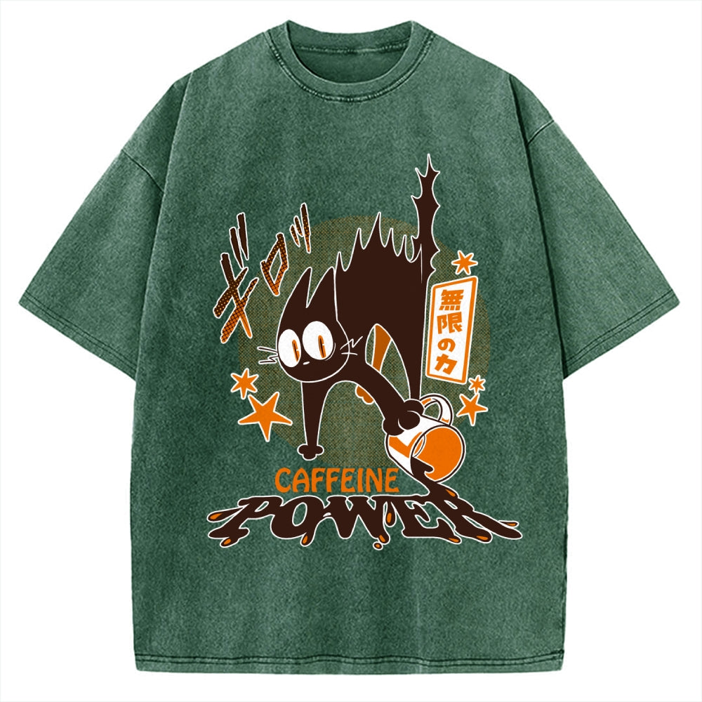 Caffeine Power Cat Anime Japanese Vintage Washed T-shirt