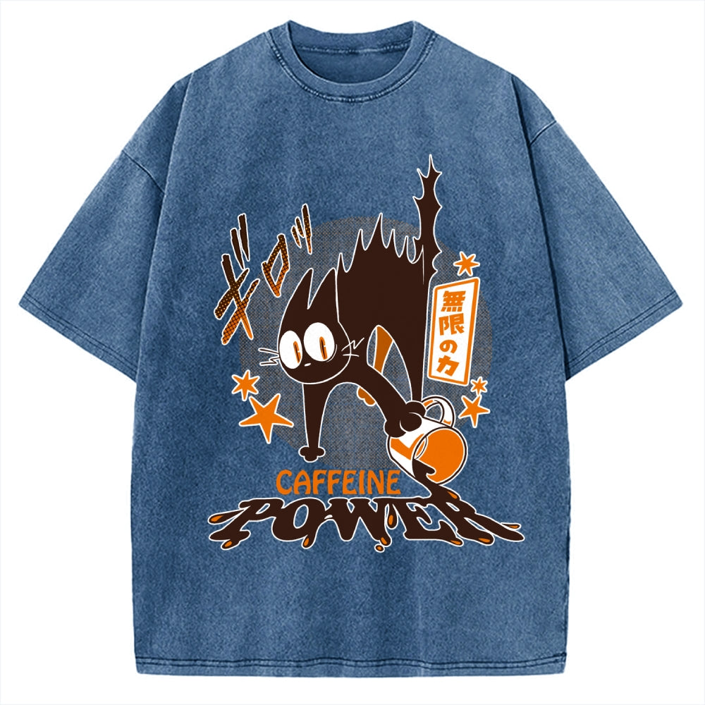 Caffeine Power Cat Anime Japanese Vintage Washed T-shirt