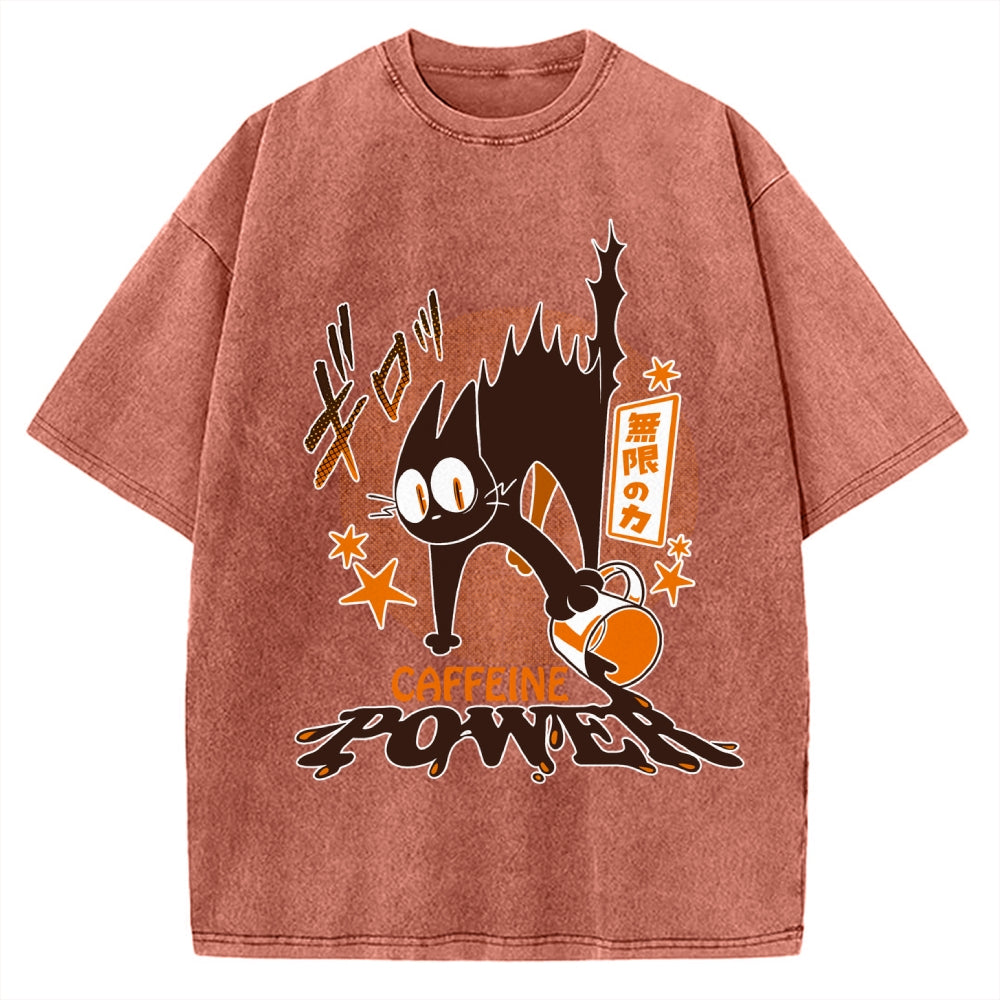 Caffeine Power Cat Anime Japanese Vintage Washed T-shirt