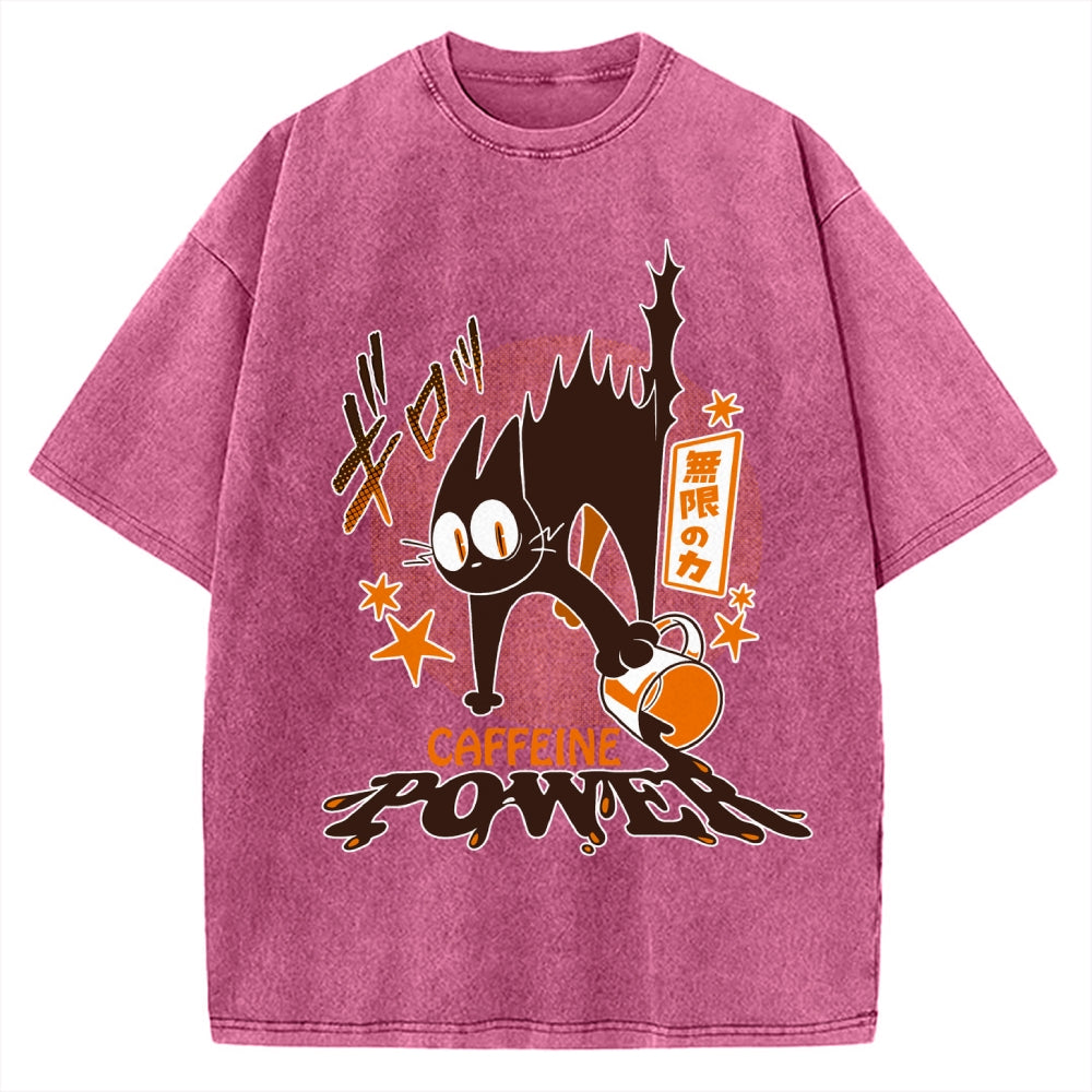 Caffeine Power Cat Anime Japanese Vintage Washed T-shirt