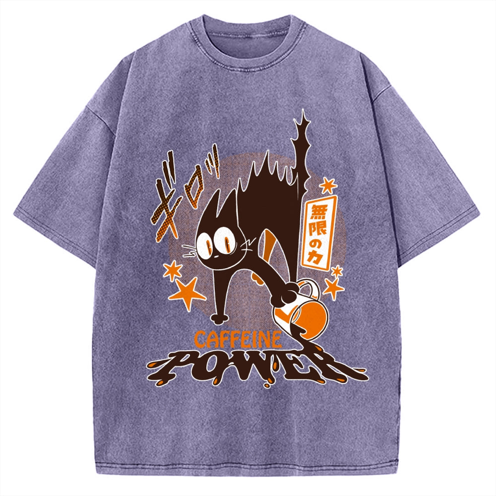 Caffeine Power Cat Anime Japanese Vintage Washed T-shirt