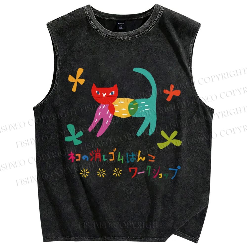 Unisex Cartoon Colored Cat Printed Washed Tank Top