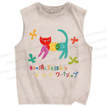 Unisex Cartoon Colored Cat Printed Washed Tank Top