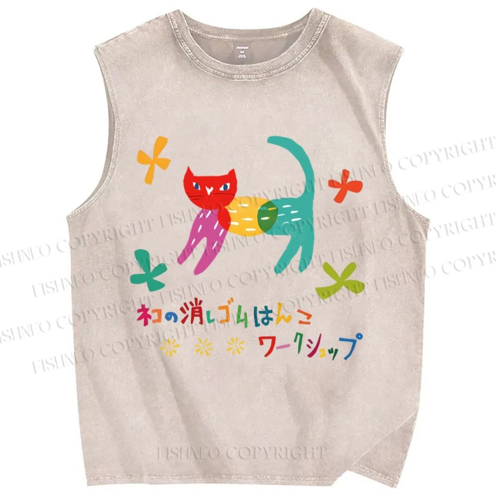 Unisex Cartoon Colored Cat Printed Washed Tank Top