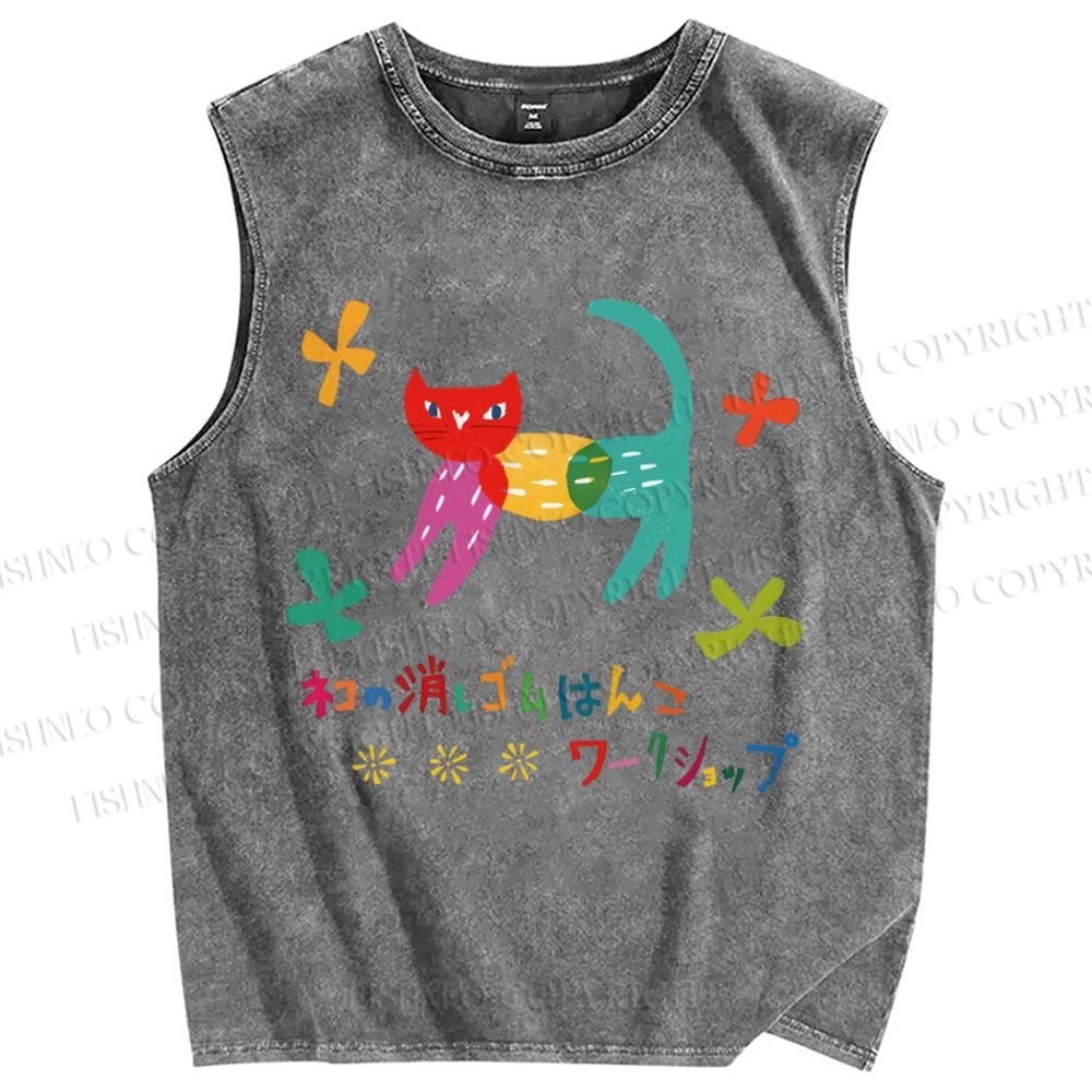 Unisex Cartoon Colored Cat Printed Washed Tank Top