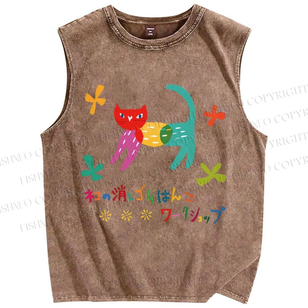 Unisex Cartoon Colored Cat Printed Washed Tank Top