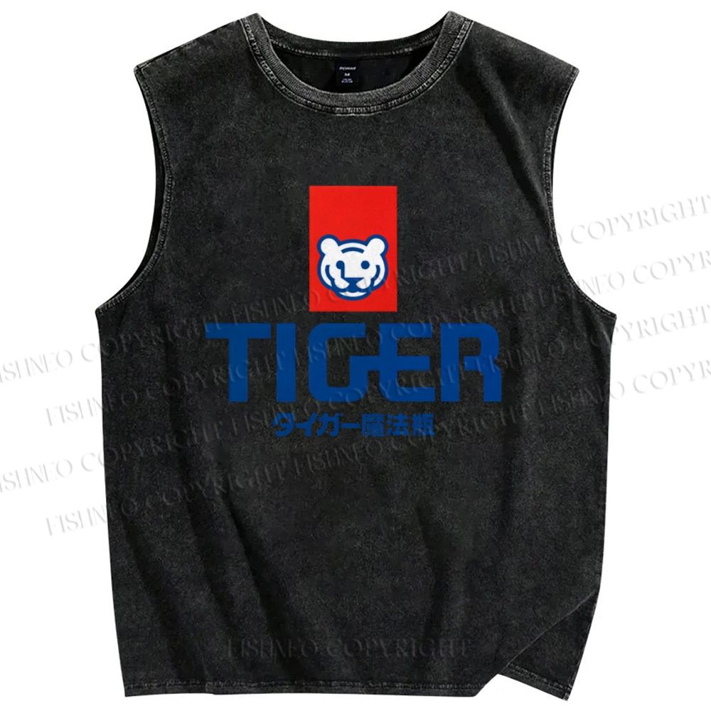 Unisex Tiger Printed Washed Tank Top