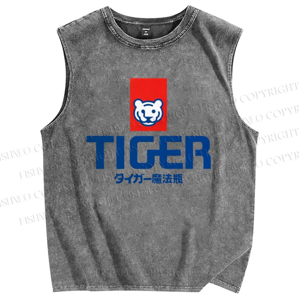 Unisex Tiger Printed Washed Tank Top