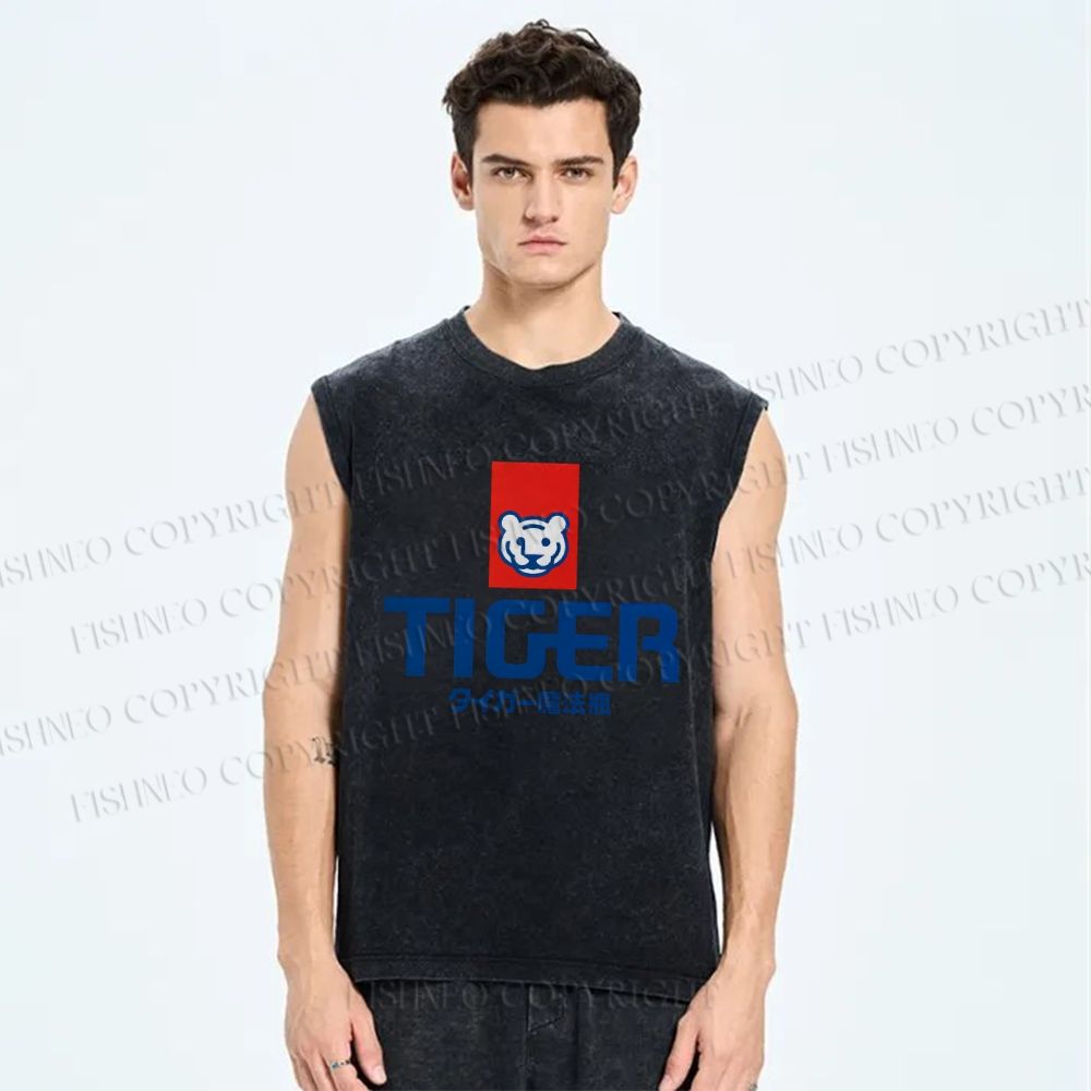 Unisex Tiger Printed Washed Tank Top