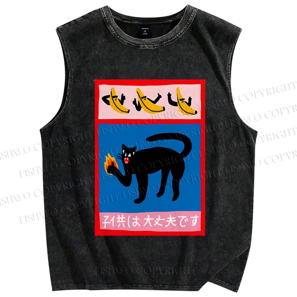 Unisex Cat Printed Washed Tank Top