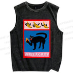 Unisex Cat Printed Washed Tank Top