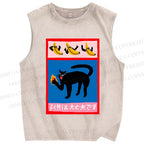 Unisex Cat Printed Washed Tank Top