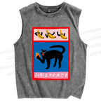 Unisex Cat Printed Washed Tank Top