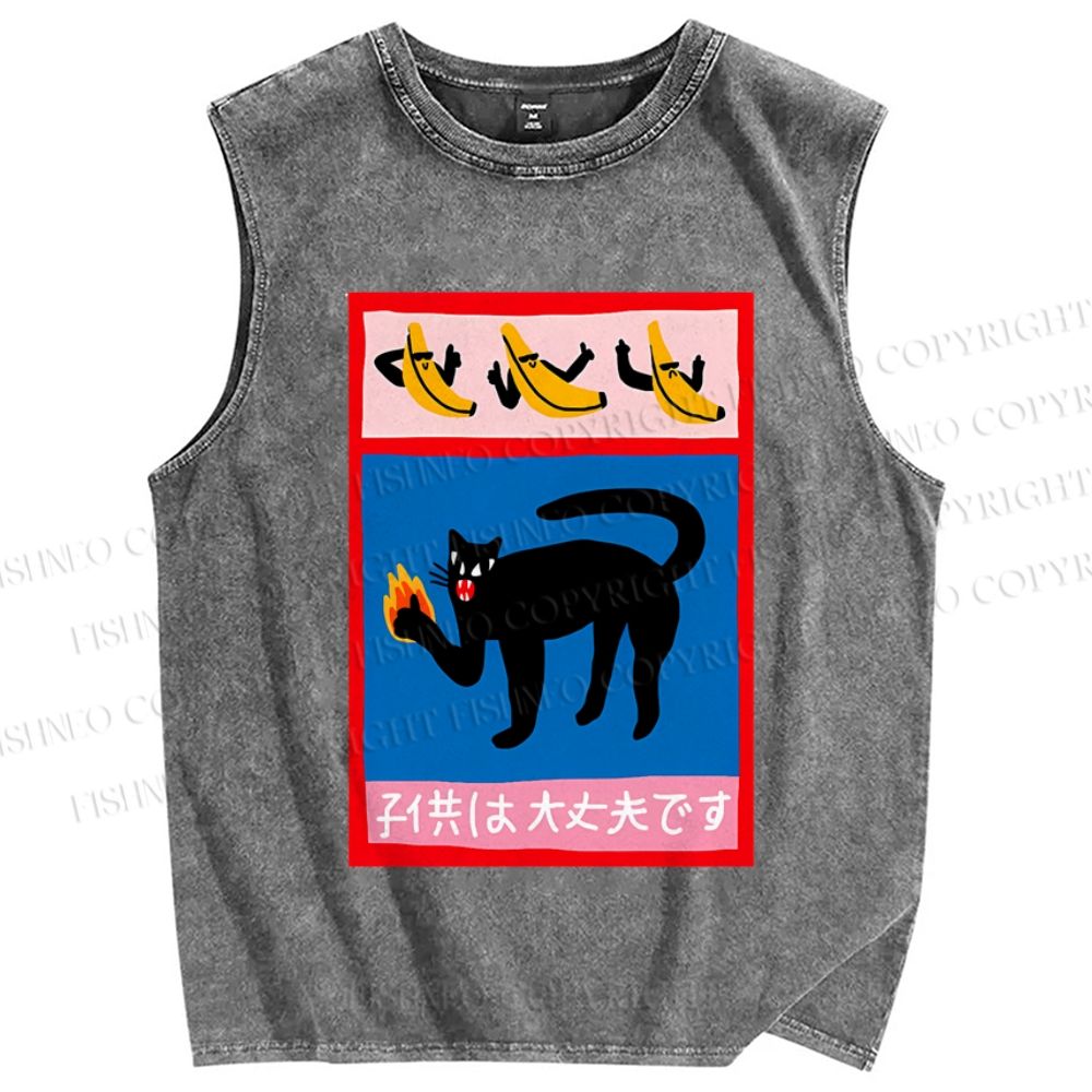 Unisex Cat Printed Washed Tank Top