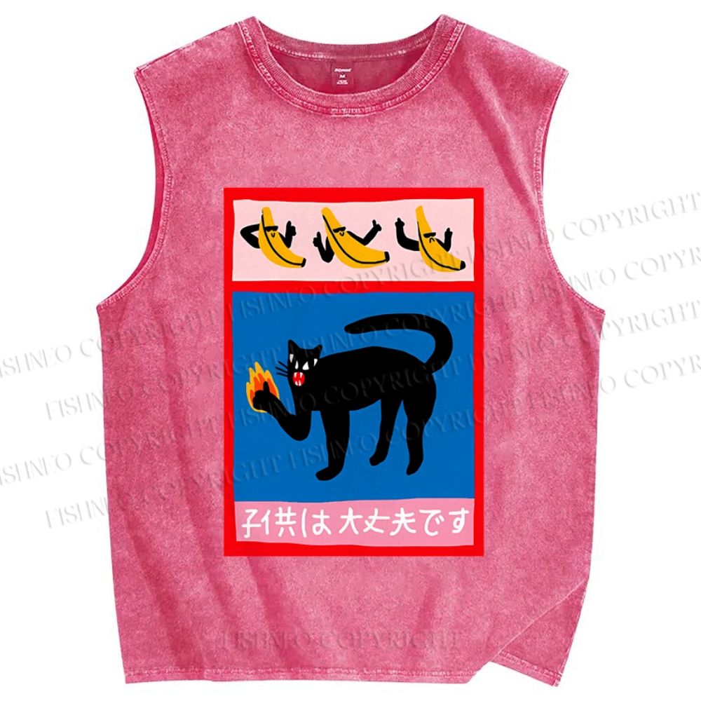 Unisex Cat Printed Washed Tank Top