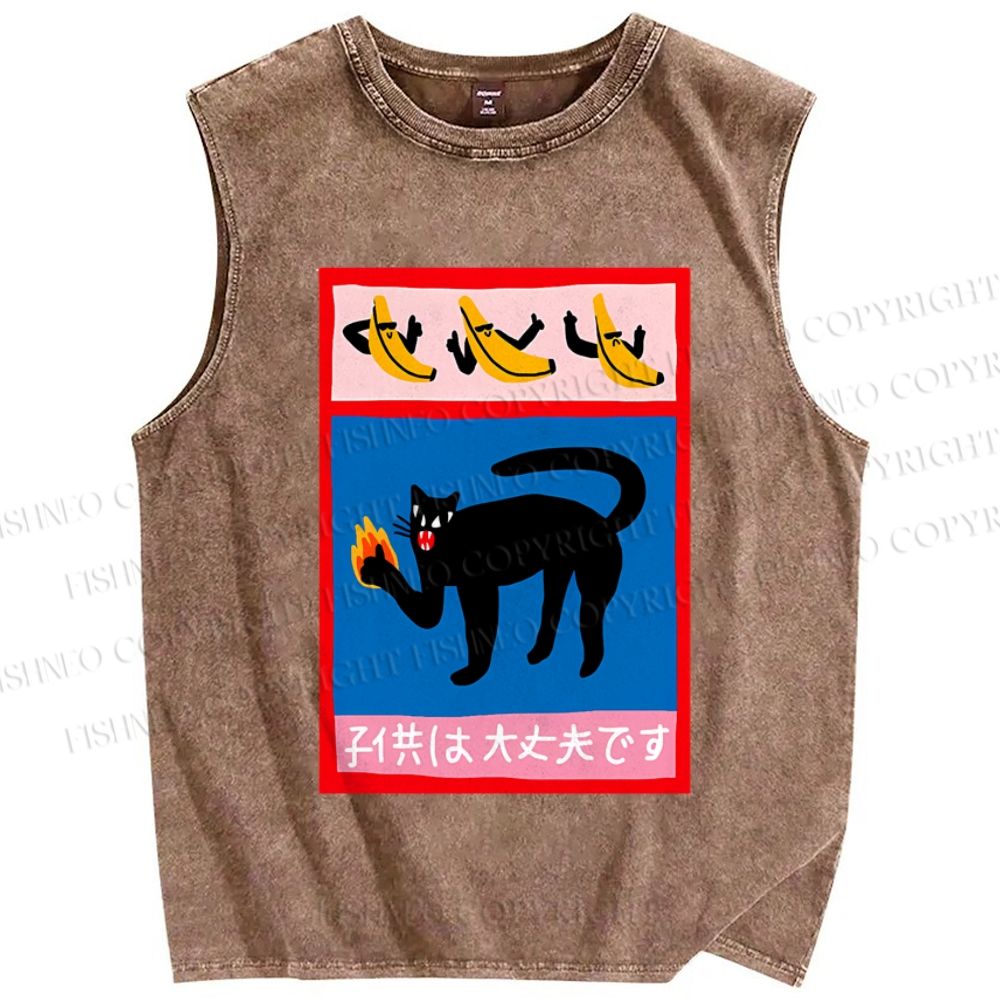 Unisex Cat Printed Washed Tank Top