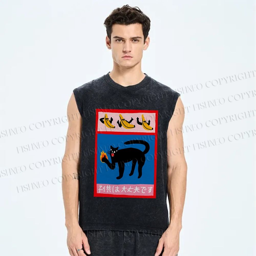 Unisex Cat Printed Washed Tank Top