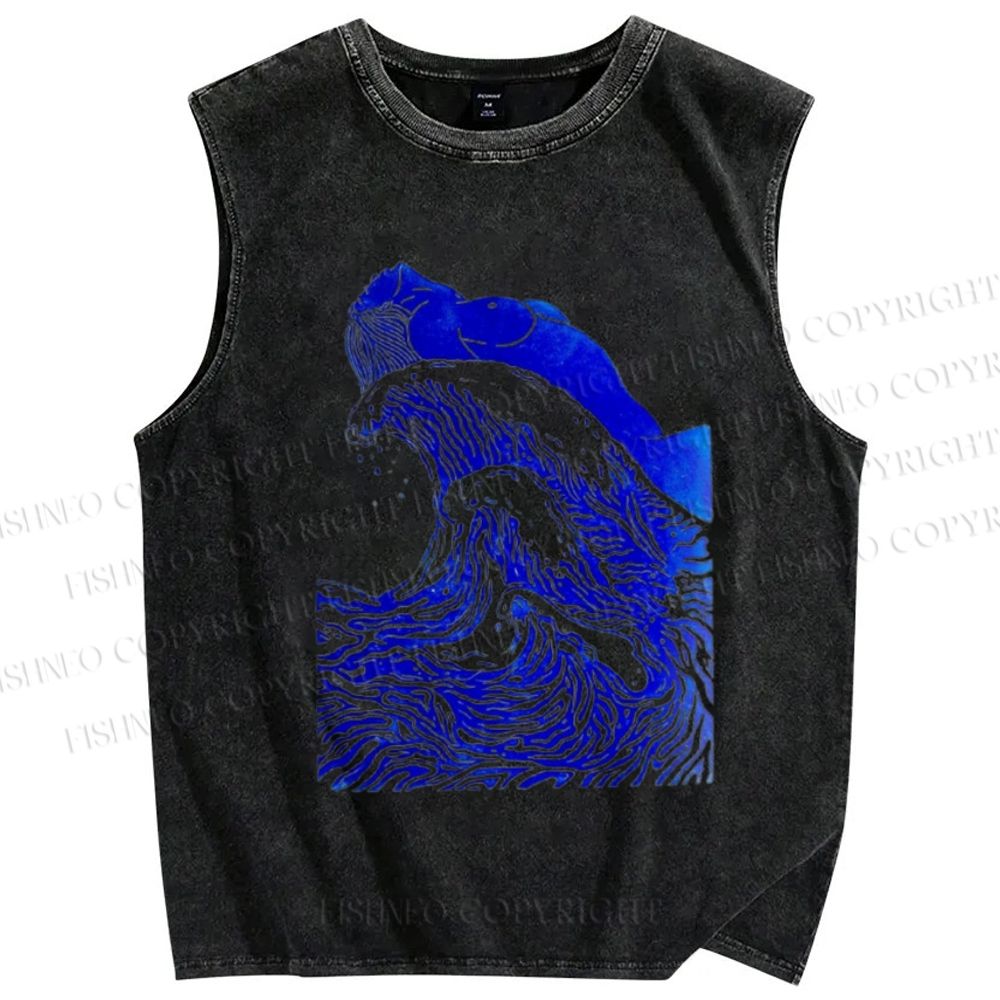 Unisex Japanese Wave Printed Washed Tank Top