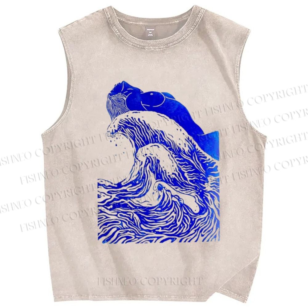 Unisex Japanese Wave Printed Washed Tank Top