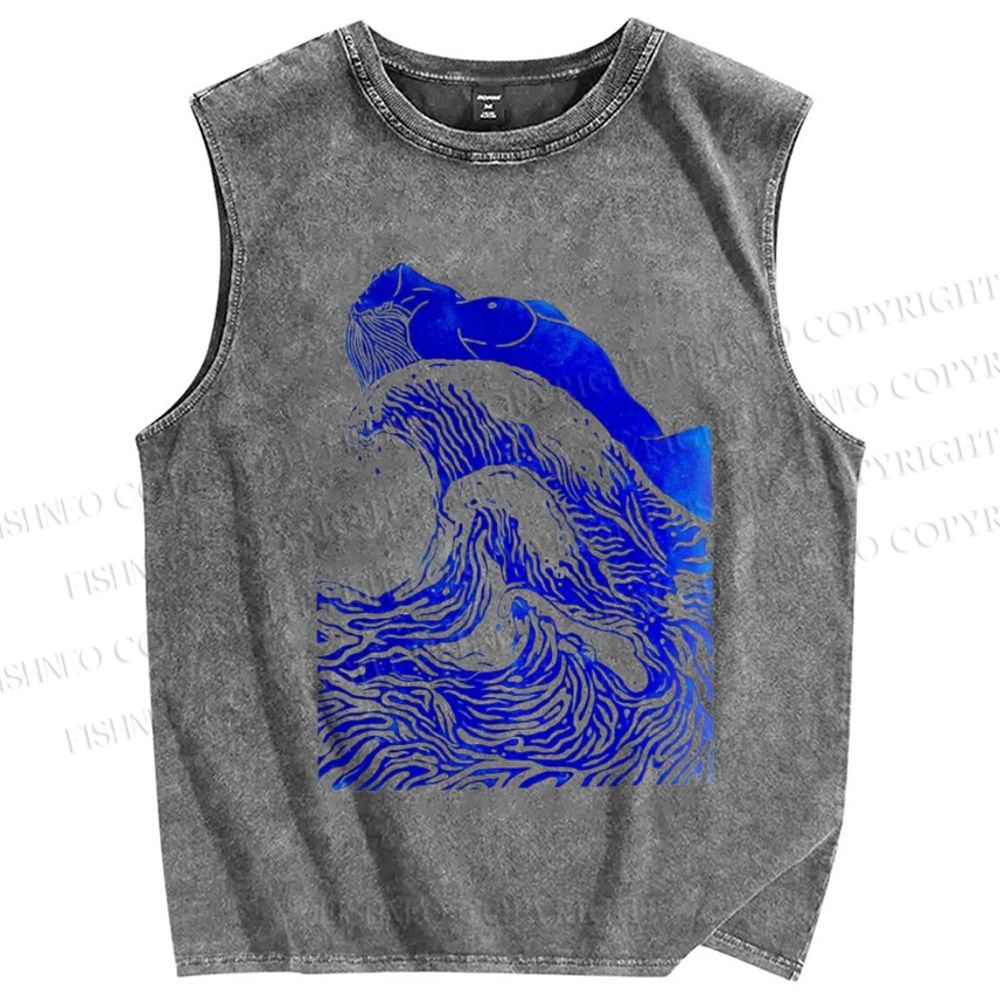 Unisex Japanese Wave Printed Washed Tank Top