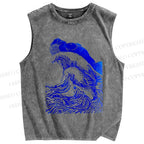 Unisex Japanese Wave Printed Washed Tank Top