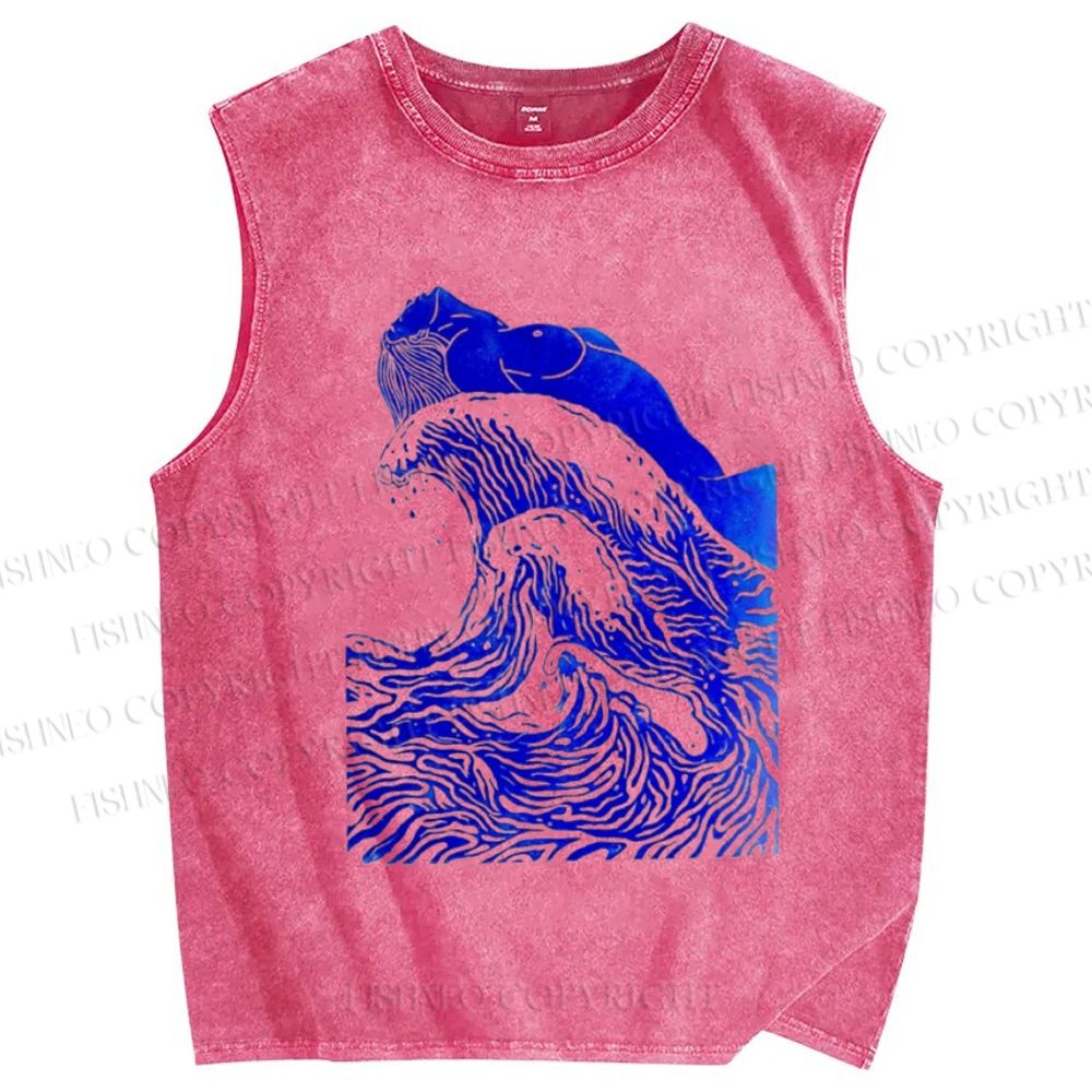 Unisex Japanese Wave Printed Washed Tank Top