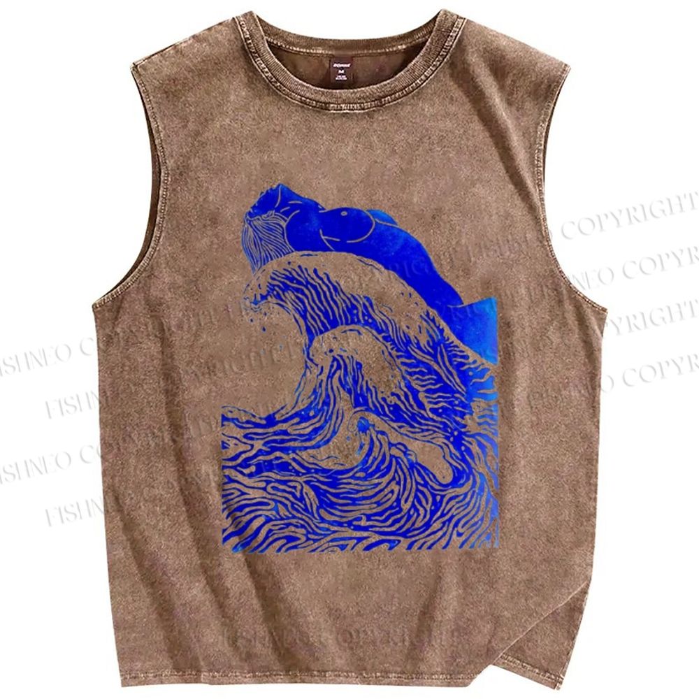 Unisex Japanese Wave Printed Washed Tank Top