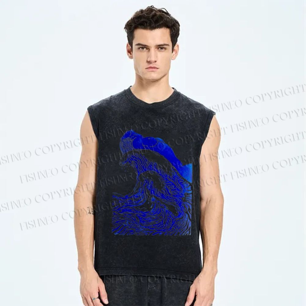 Unisex Japanese Wave Printed Washed Tank Top