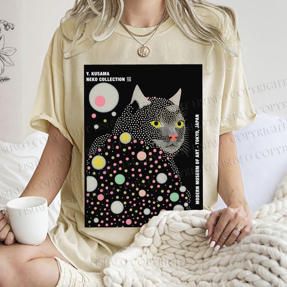 Unisex Yayoi Kusama Cat Printed Washed Tee
