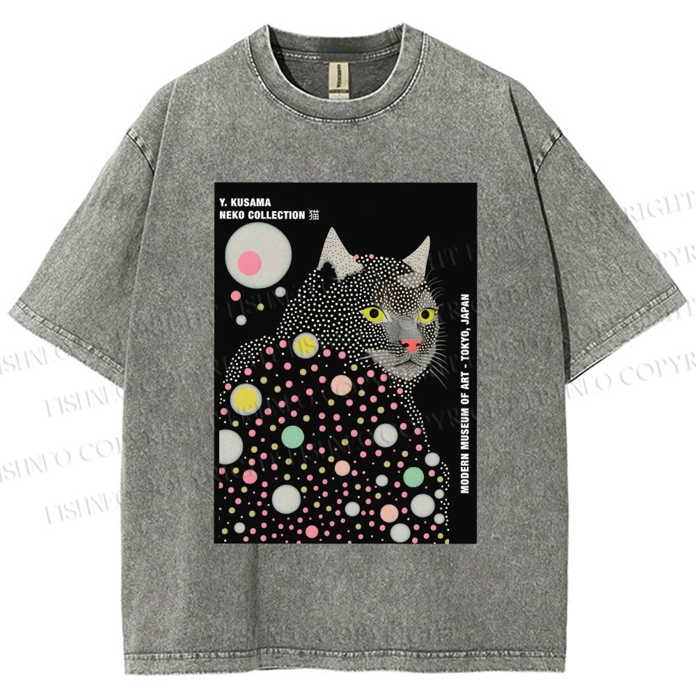 Unisex Yayoi Kusama Cat Printed Washed Tee