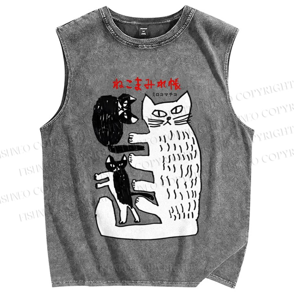 Unisex Art Cat Printed Washed Tank Top
