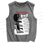 Unisex Art Cat Printed Washed Tank Top