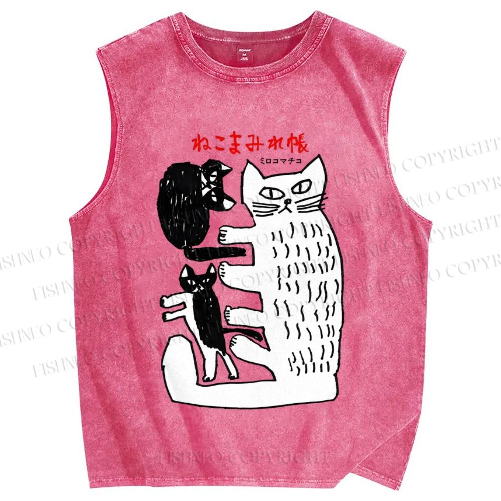 Unisex Art Cat Printed Washed Tank Top