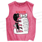 Unisex Art Cat Printed Washed Tank Top