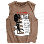 Unisex Art Cat Printed Washed Tank Top