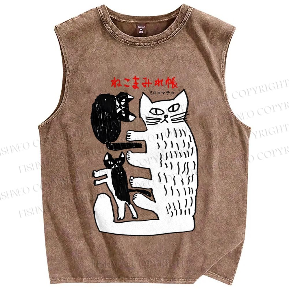 Unisex Art Cat Printed Washed Tank Top