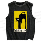 Unisex Vintage Art Cat Printed Washed Tank Top
