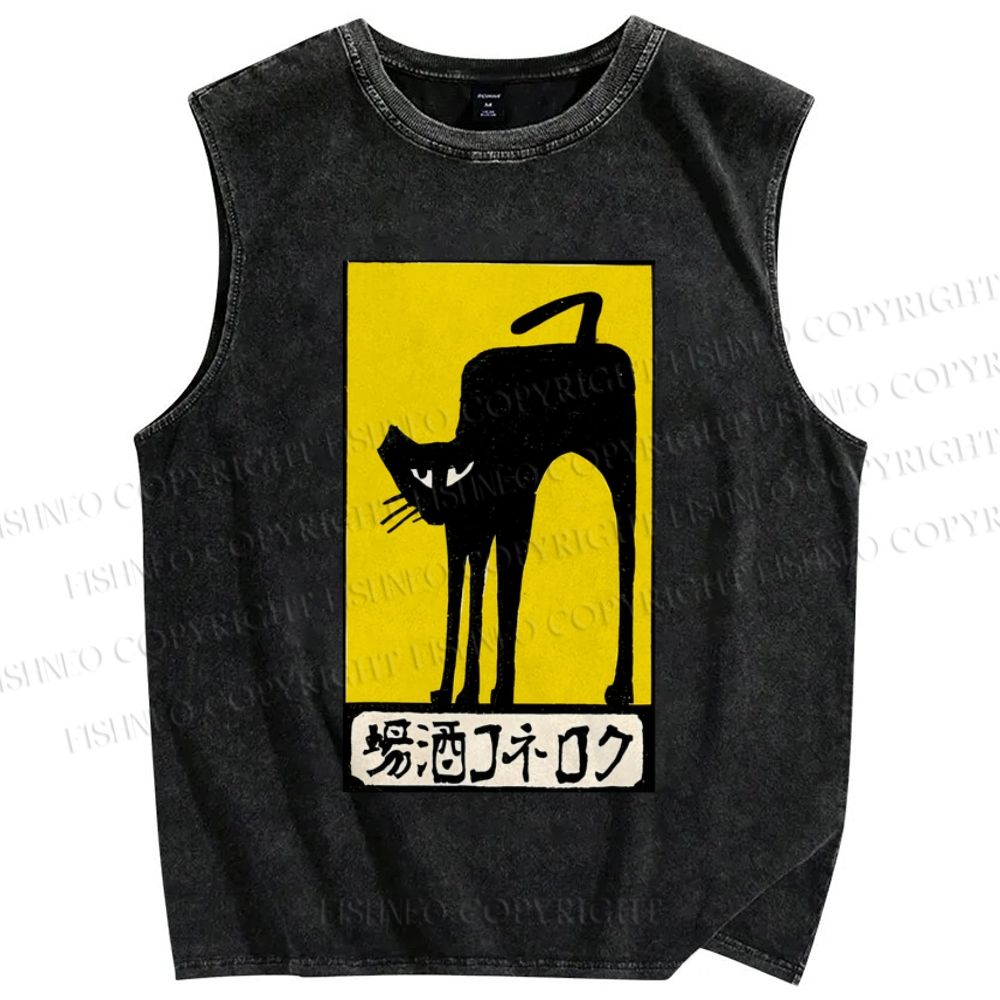Unisex Vintage Art Cat Printed Washed Tank Top