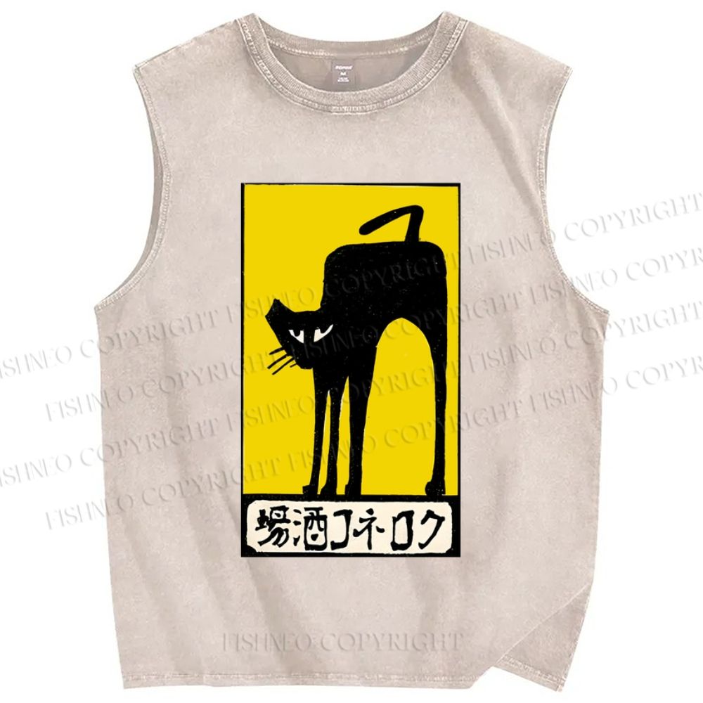 Unisex Vintage Art Cat Printed Washed Tank Top