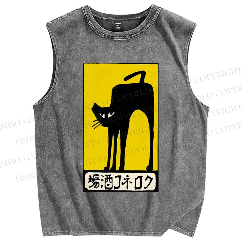 Unisex Vintage Art Cat Printed Washed Tank Top