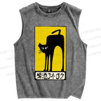 Unisex Vintage Art Cat Printed Washed Tank Top