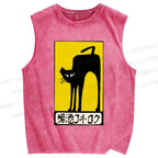 Unisex Vintage Art Cat Printed Washed Tank Top