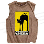 Unisex Vintage Art Cat Printed Washed Tank Top
