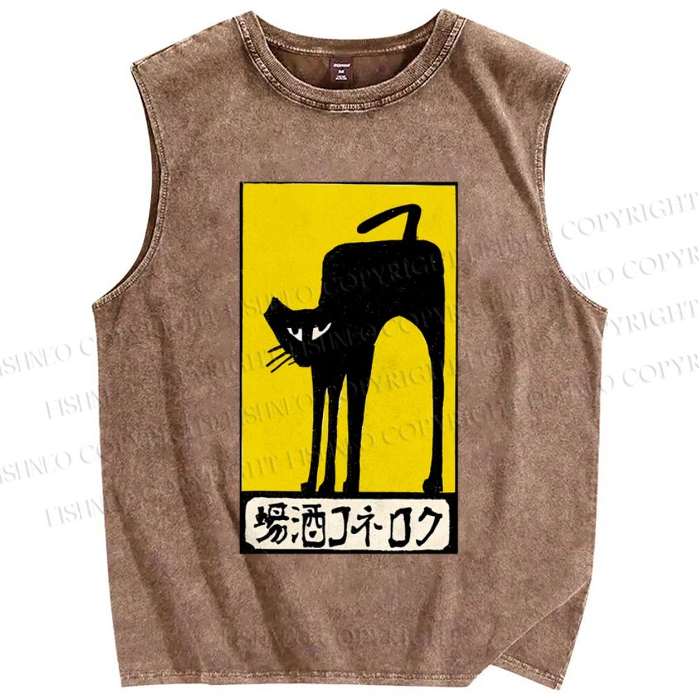Unisex Vintage Art Cat Printed Washed Tank Top